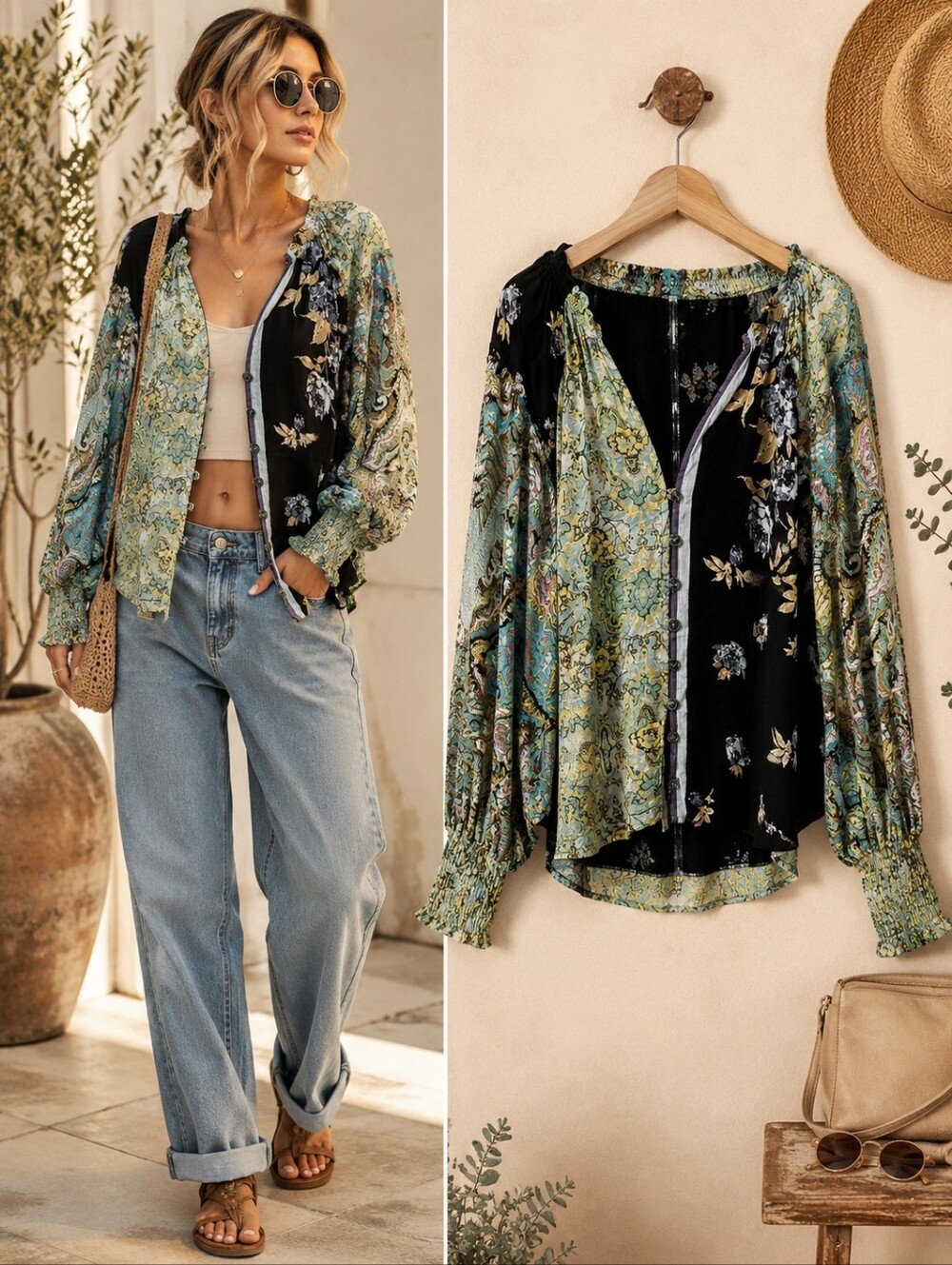 Free People Oversized Boho Patchwork Floral Paisley Blouse XS Fits S-XL